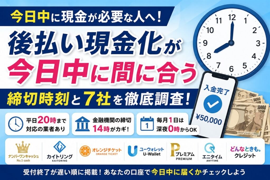 後払い現金化が今日中に間に合う締切時刻と業者7社を表すアイキャッチ画像